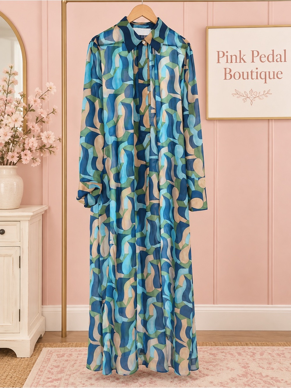 J. McLaughlin Blue Green Abstract Long Sleeve Maxi Robe